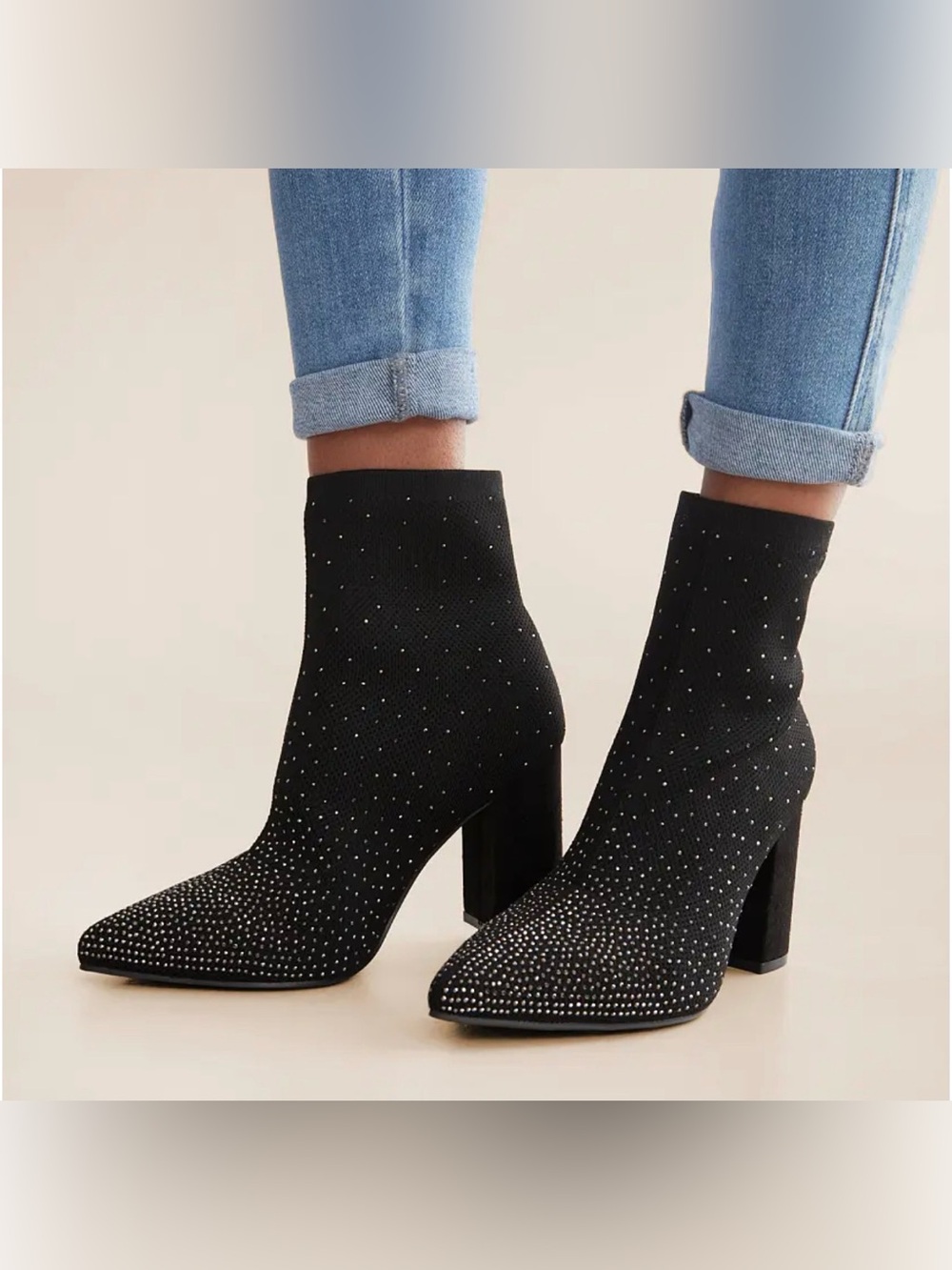 Buckle “Mia” Black Rhinestone Sock Ankle Boots